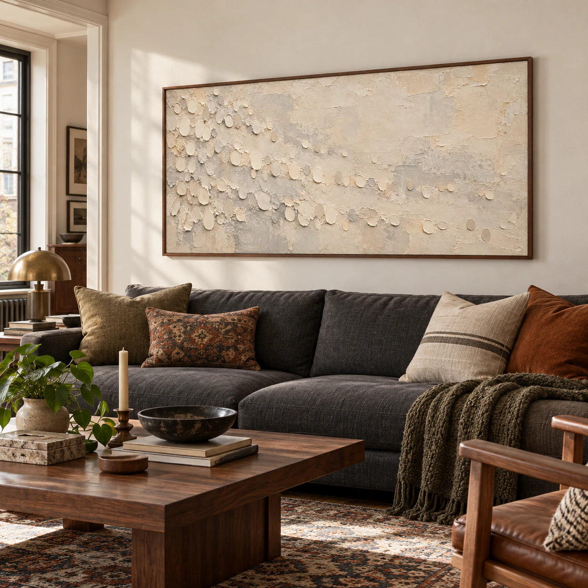 Pale-Drift displayed prominently above a low charcoal sofa in a bright living room with pale walls and natural daylight.
