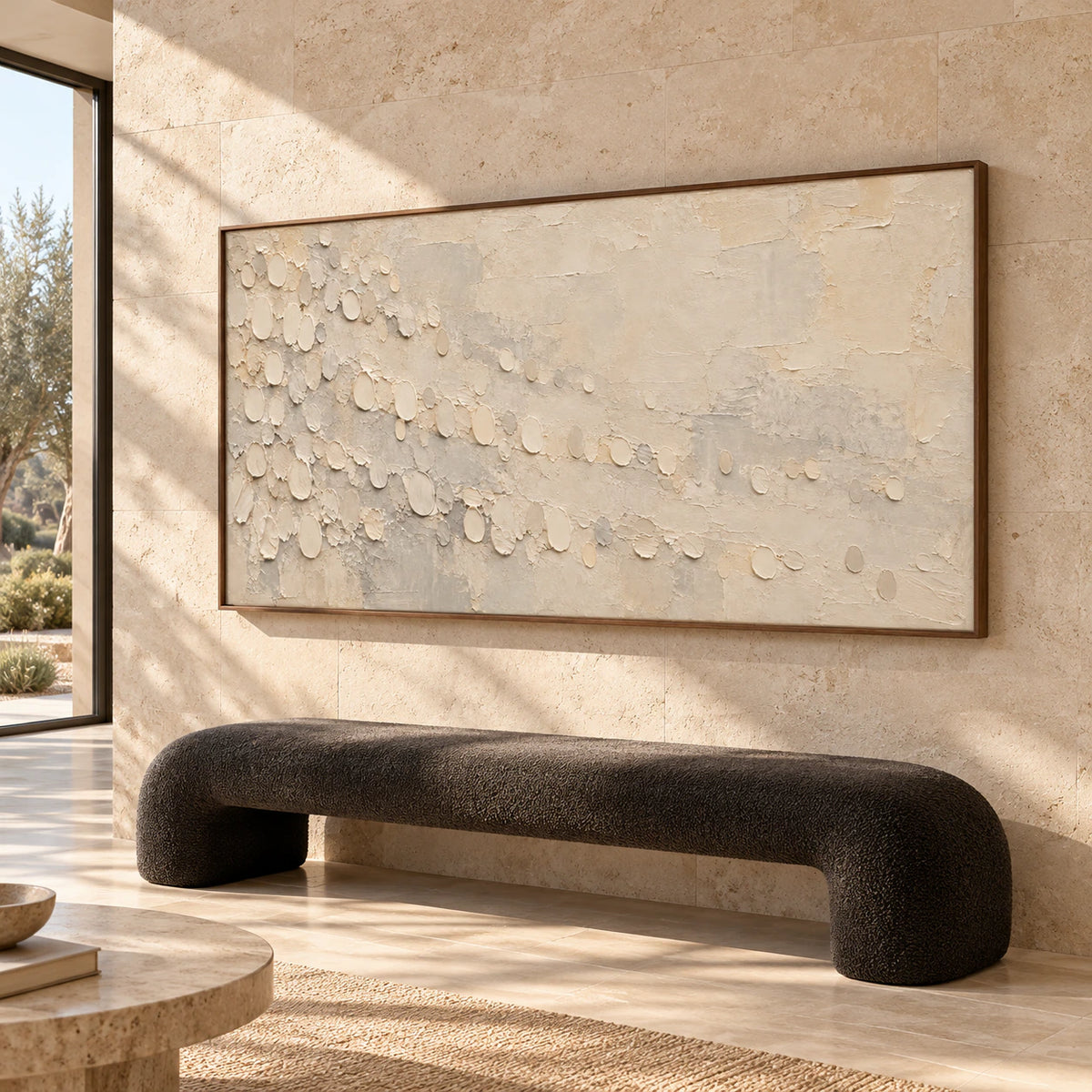 Pale-Drift presented at gallery scale in a sunlit foyer with a stone bench and tall architectural walls.