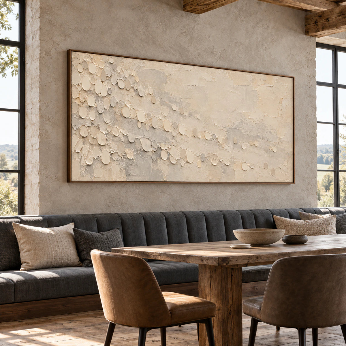 Pale-Drift anchors a bright loft hospitality interior with a long neutral banquette and broad windows.