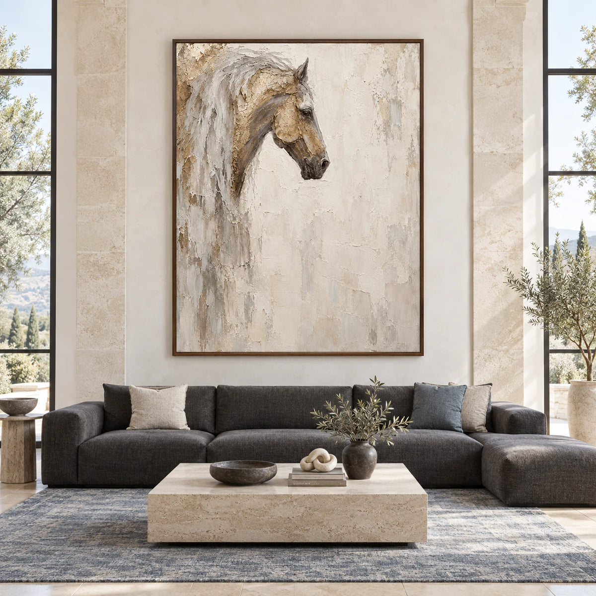 Pale horse artwork displayed at large scale in a bright architectural living space.