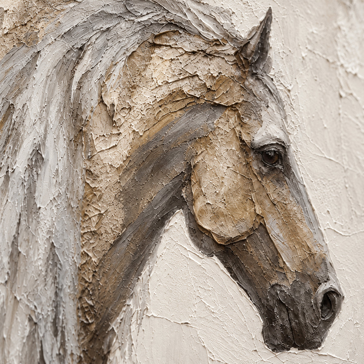 Pale-Equine oil painting brushwork and impasto detail photographed from an oblique side angle