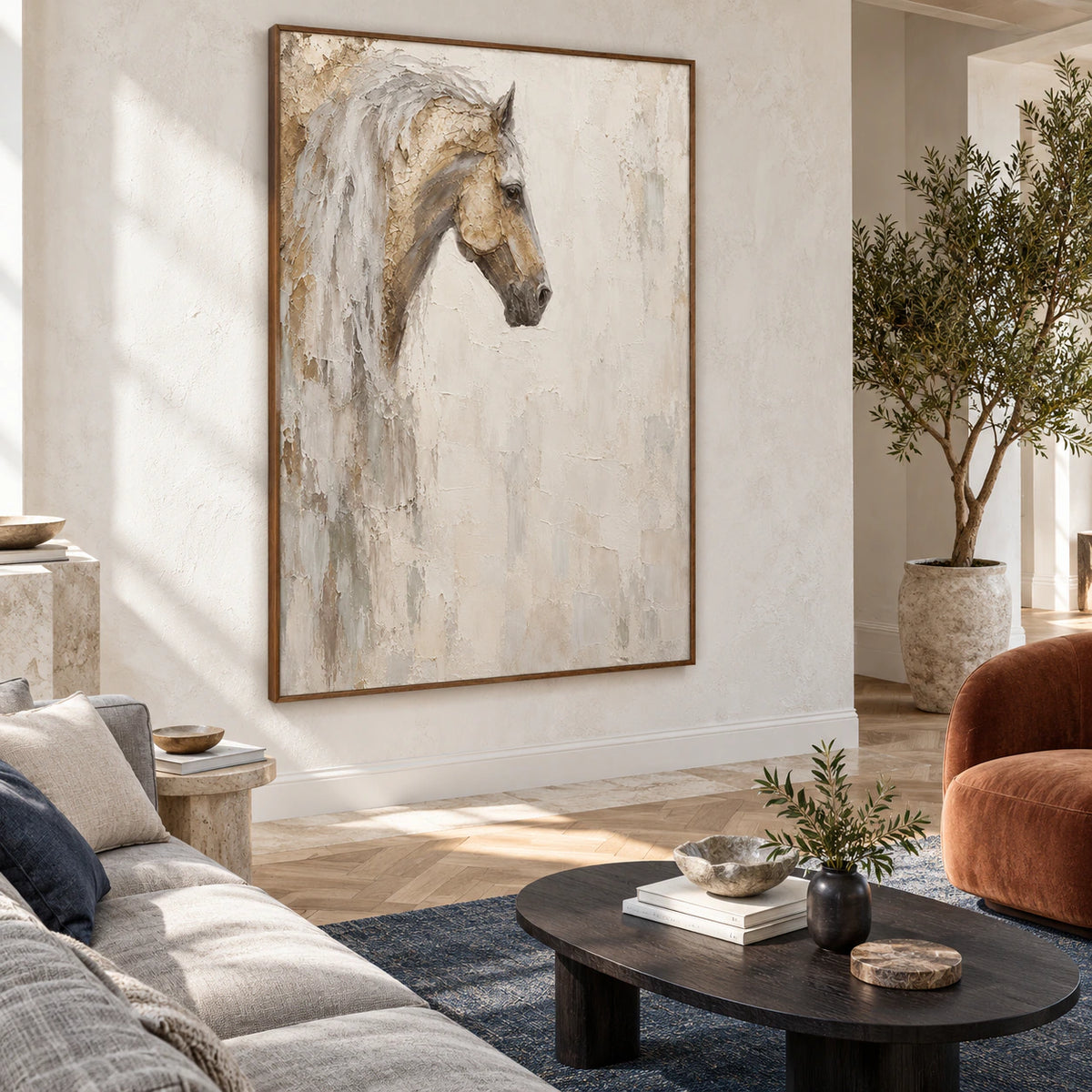 Pale horse artwork above a neutral sofa in a bright living room.