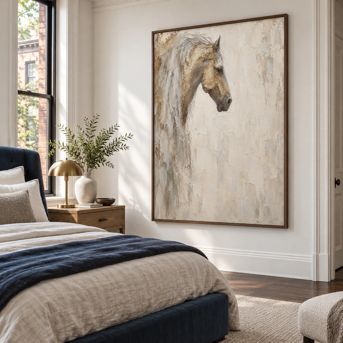 Pale horse artwork creating a quiet focal point in a serene bedroom.