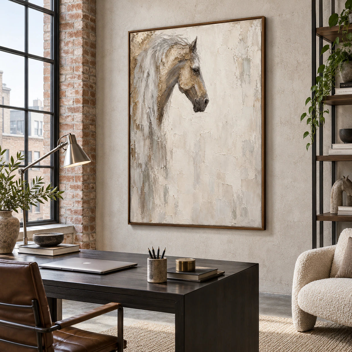 Pale horse artwork in an airy home office reading space.