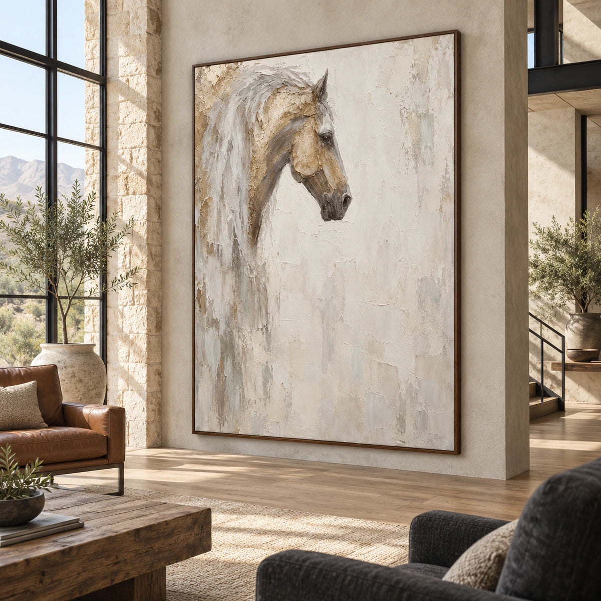 Pale horse artwork in an expansive sunlit loft interior.