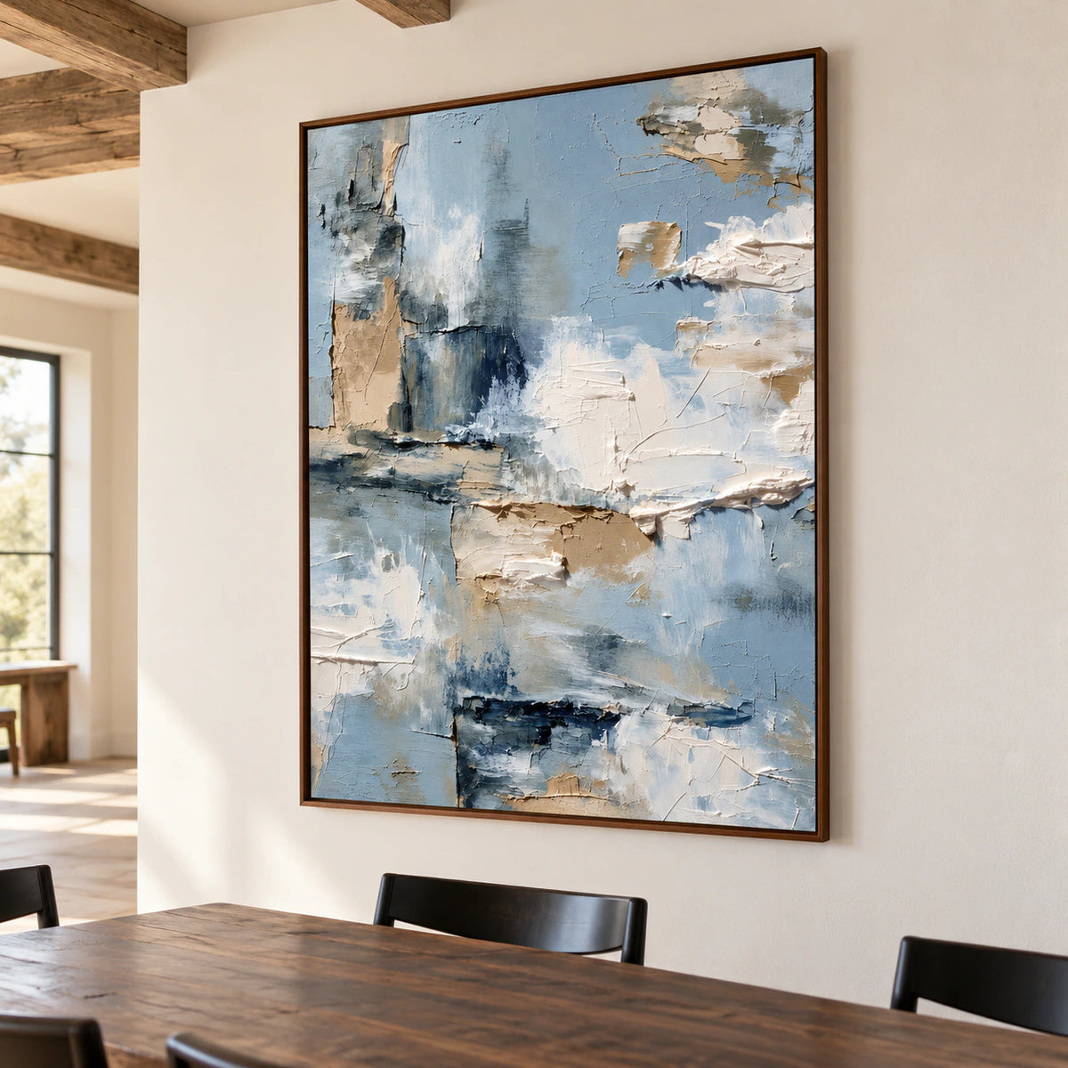 Large vertical abstract painting anchoring a light-filled dining room with a dark wood table and restrained neutral chairs.