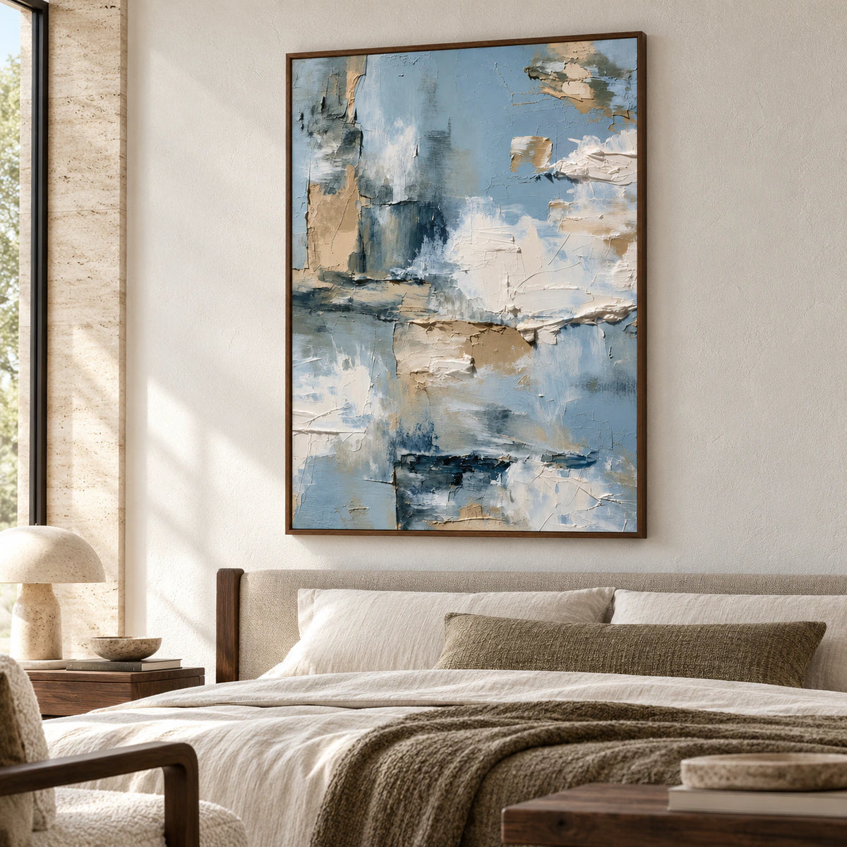 Large vertical abstract painting above a low bed in a quiet, naturally lit bedroom with pale linen and dark wood accents.