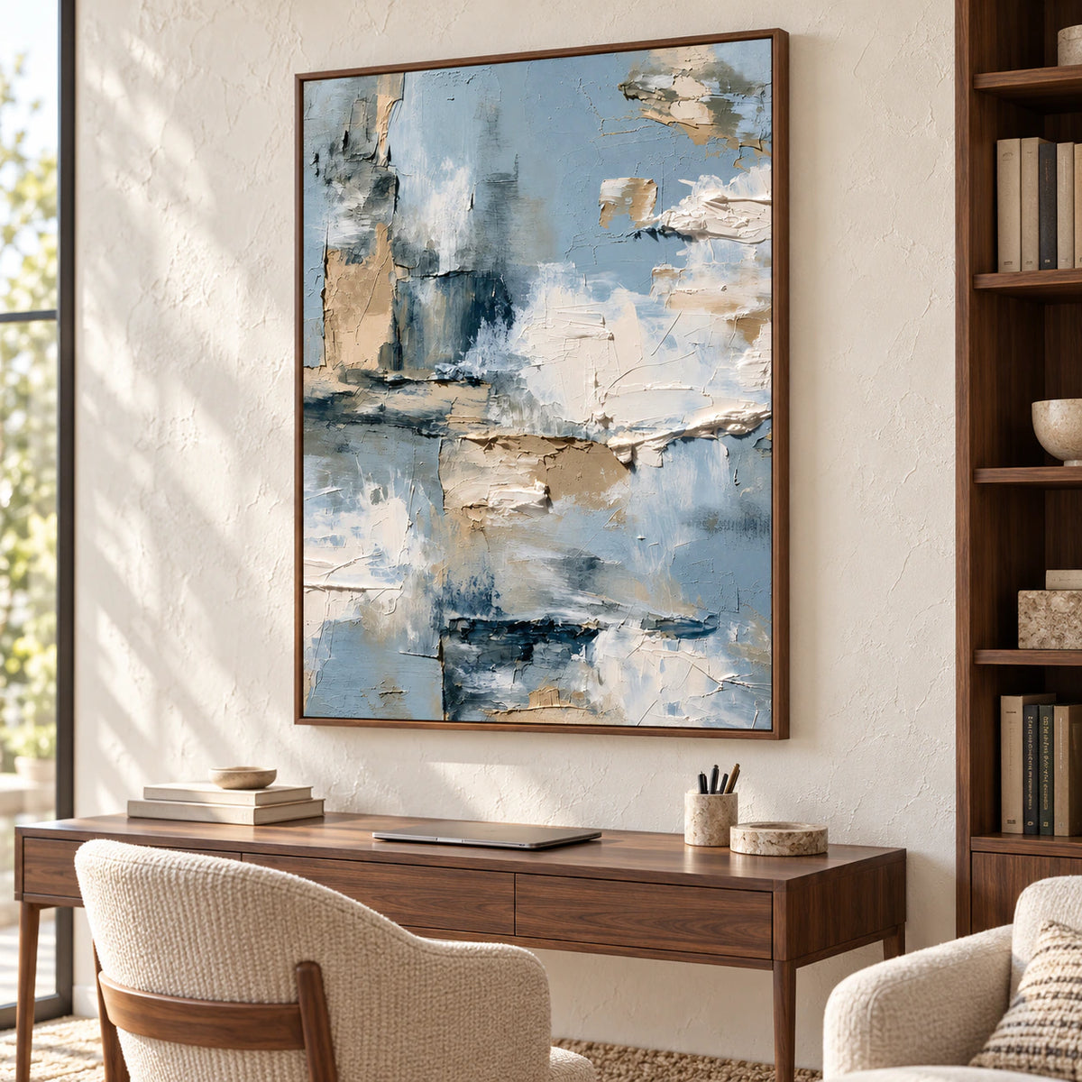 Large vertical abstract painting above a writing desk in an airy home office with daylight, clean lines and muted furnishings.