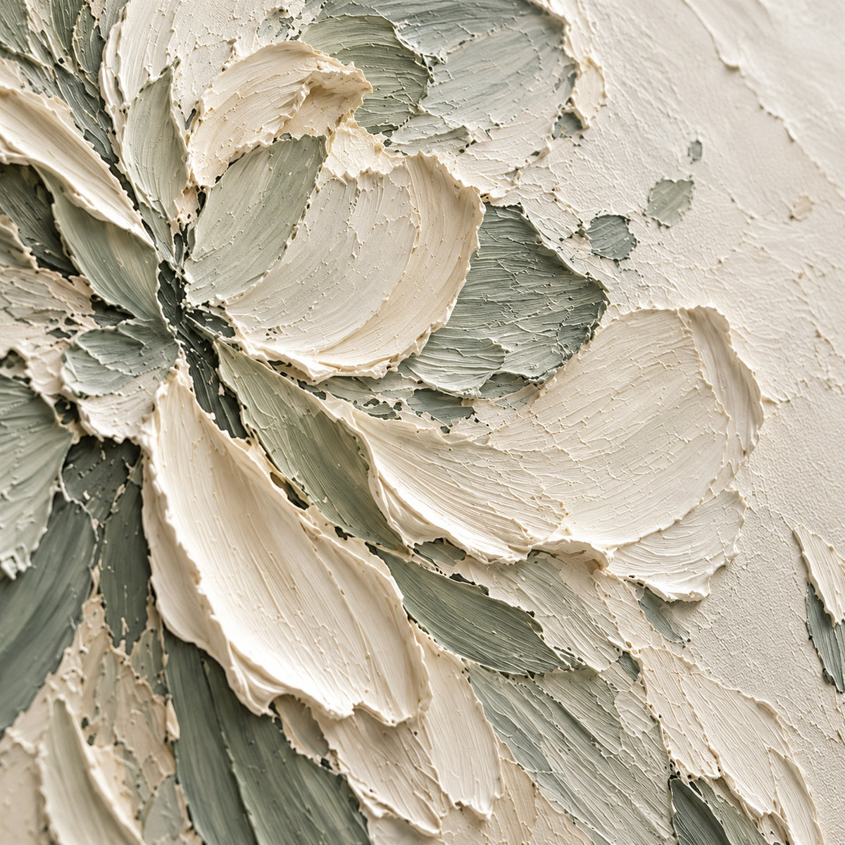 Pale-Flourish oil painting brushwork and impasto detail photographed from an oblique side angle