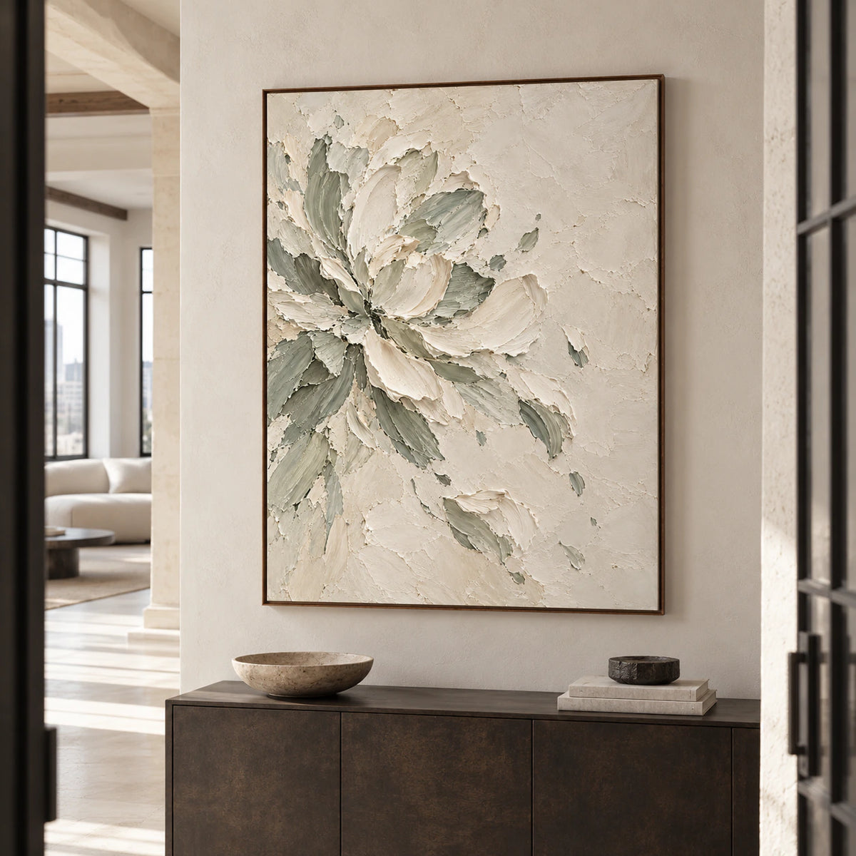 Vertical floral artwork commanding a gallery-scale foyer with a pale stone wall, long sightline and bright daylight.