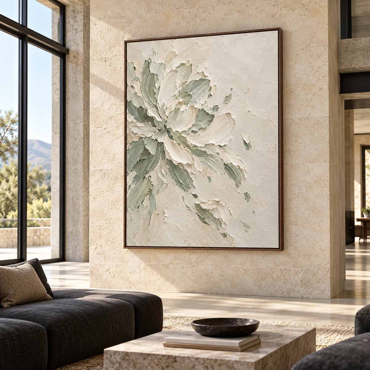Large floral painting displayed in an expansive loft interior with concrete architecture, dark furnishings and broad natural light.