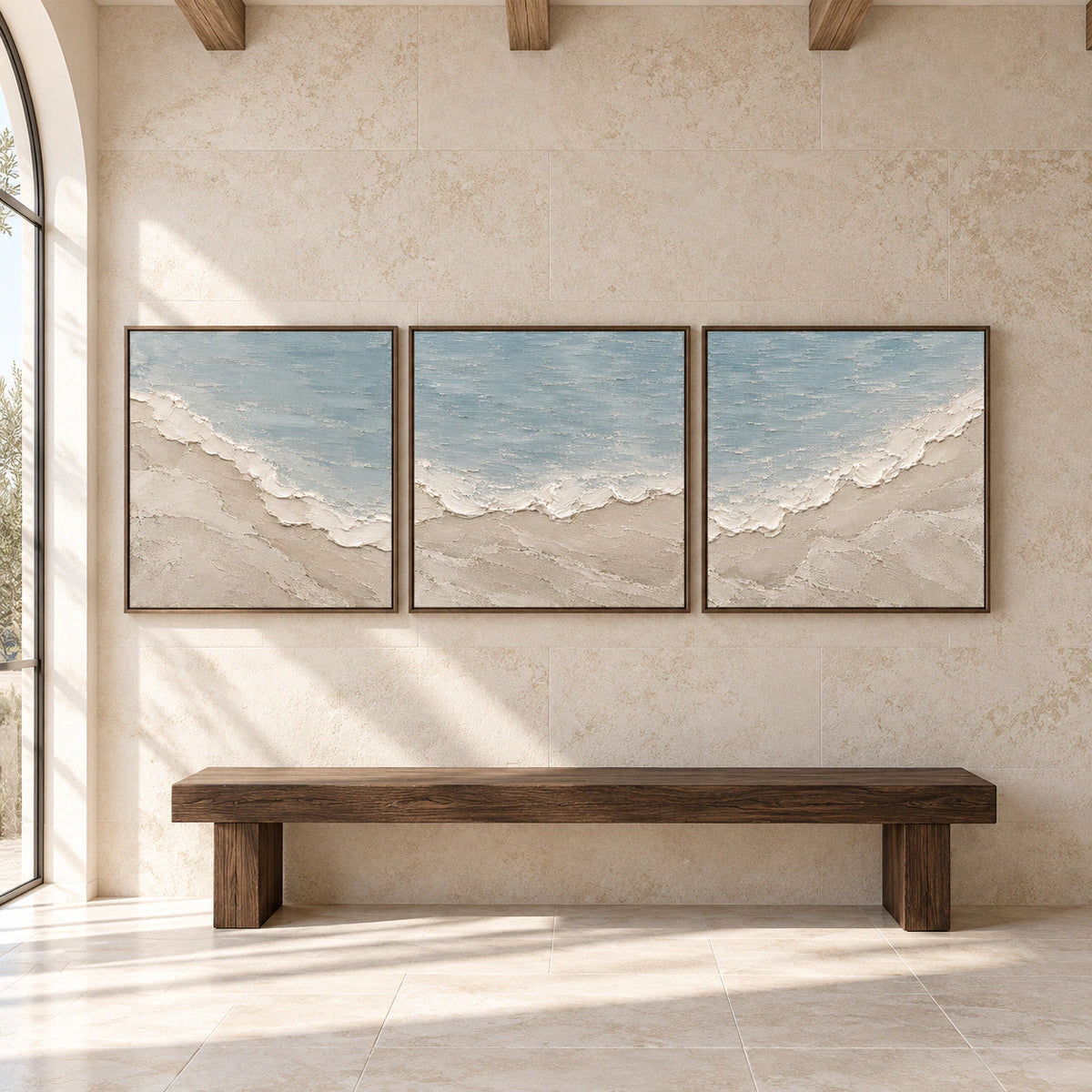 Large straight-on view of the Pale-Littoral triptych in a spacious architectural interior.