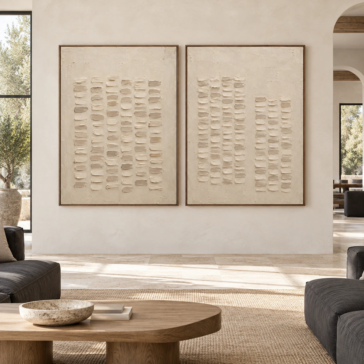 Large straight-on architectural room featuring the Pale-Register diptych in slim walnut frames.