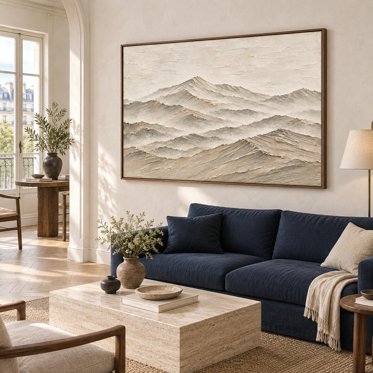 Textured mountain artwork above a neutral sofa in a bright living room.