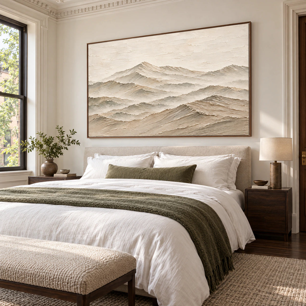 Softly textured mountain artwork in a quiet, light-filled bedroom.