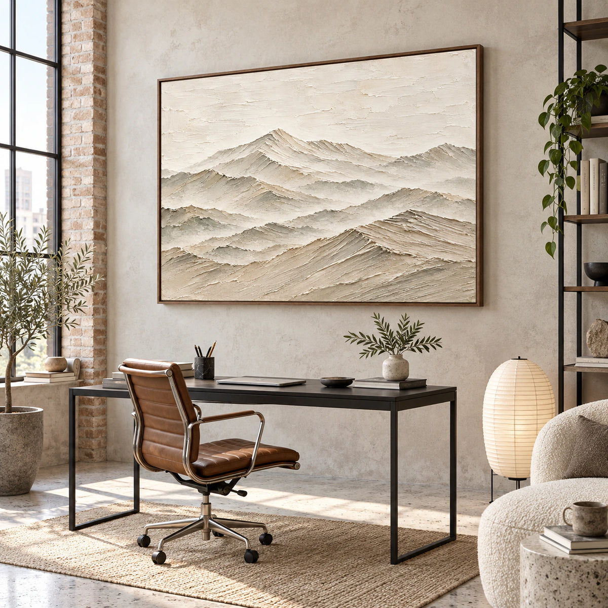 Textured mountain landscape artwork in an airy home office reading space.