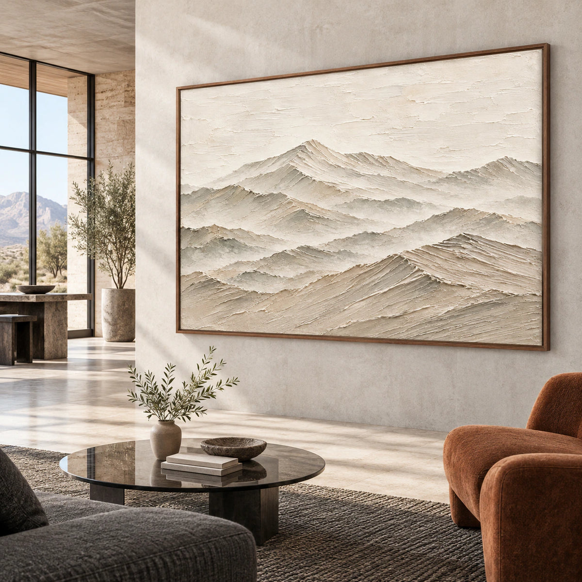 Textured mountain artwork featured in an expansive contemporary loft interior.