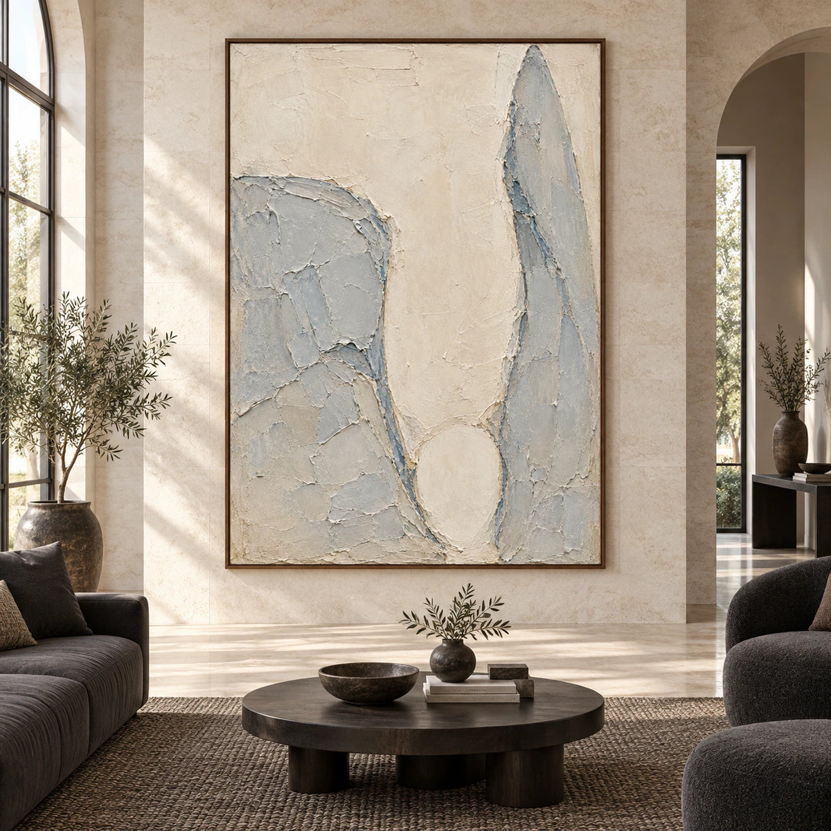 Pale-Threshold displayed straight-on at large scale in a bright, expansive architectural living room.