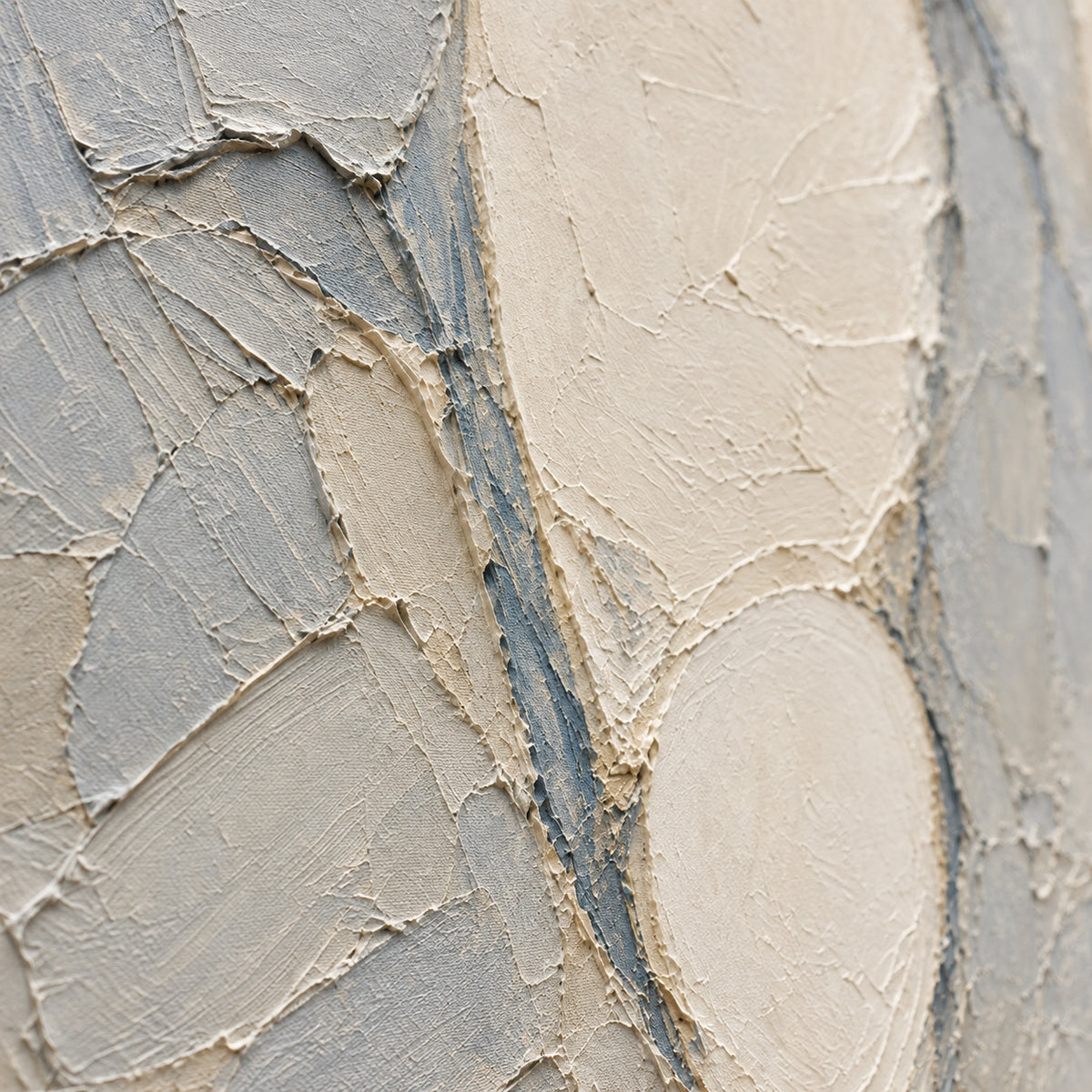 Pale-Threshold oil painting brushwork and impasto detail photographed from an oblique side angle