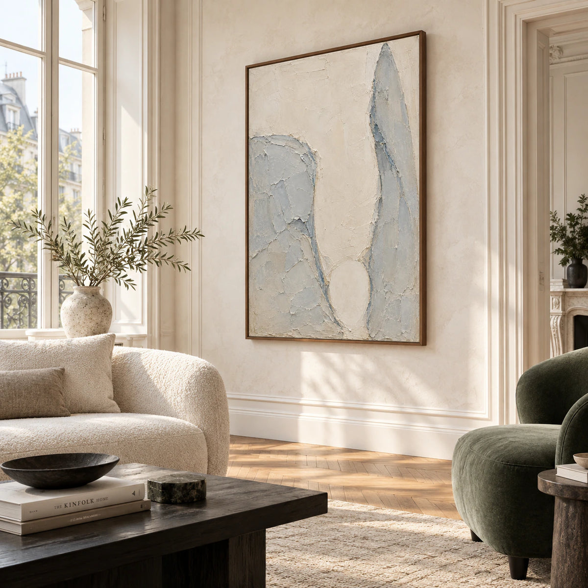Pale-Threshold as the focal artwork in a bright contemporary living room.