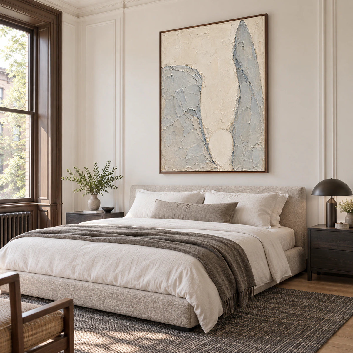 Pale-Threshold bringing quiet texture to a light-filled bedroom.