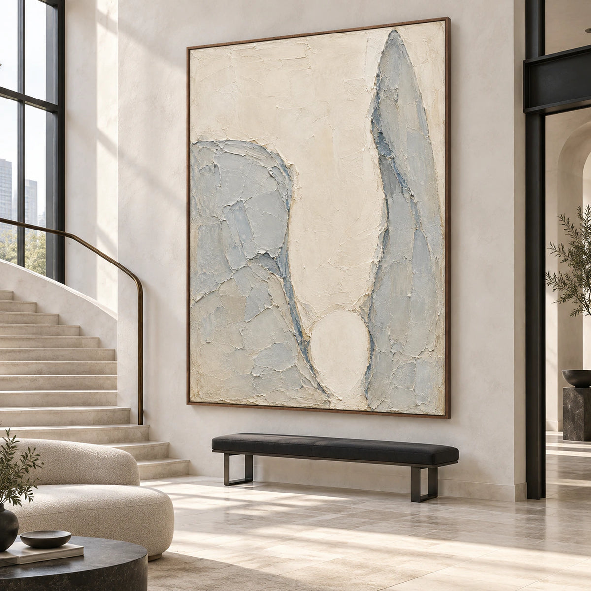 Pale-Threshold at gallery scale in a bright sculptural foyer.
