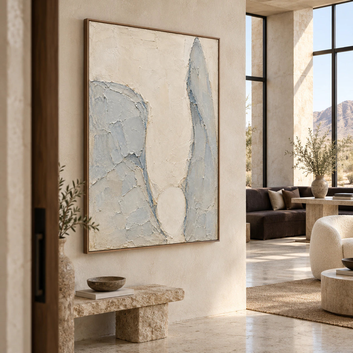 Pale-Threshold as a large focal artwork in an open hospitality loft interior.
