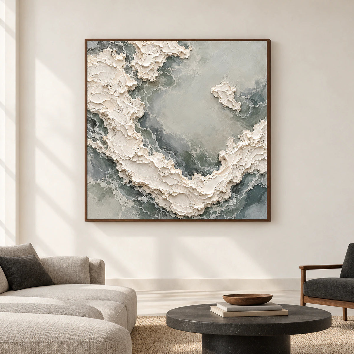 Pale-Torrent displayed straight-on on a broad pale wall in a spacious gallery-like room with charcoal and natural wood furnishings.