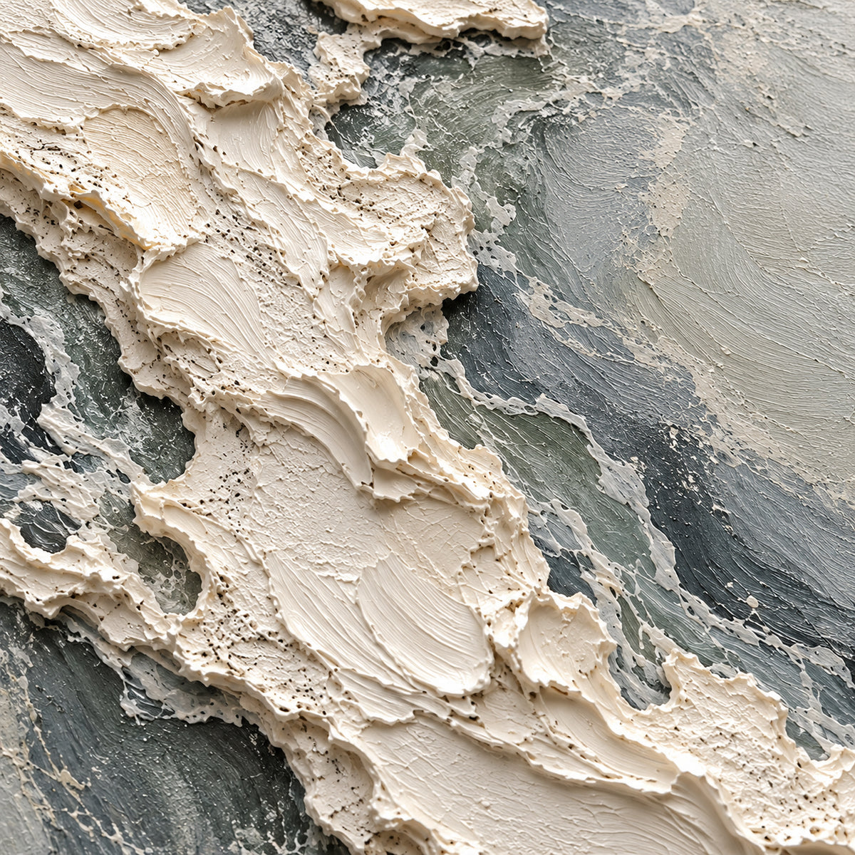 Oblique close-up of Pale-Torrent showing raised ivory paint, grooved strokes and gray-green transitions under grazing directional light.