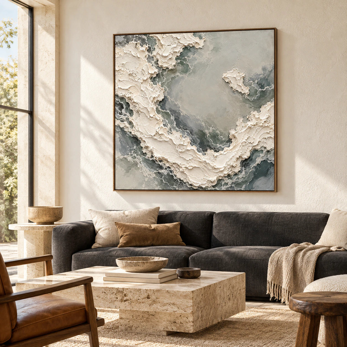 Pale-Torrent above a low charcoal sofa against pale limestone walls in a bright living room, viewed obliquely from the left at seated height.