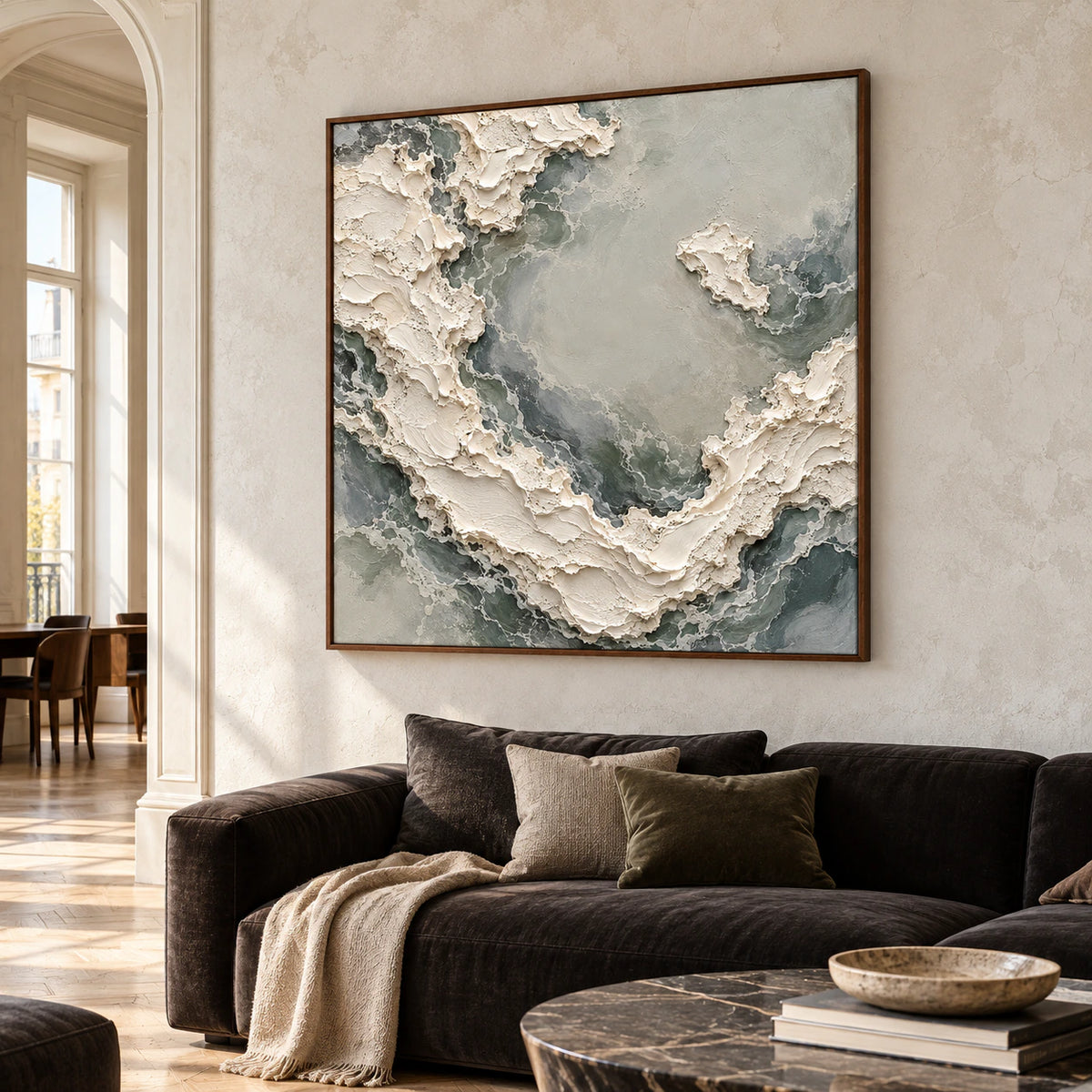 Pale-Torrent above dark lounge seating in a classic living room with pale textured walls, viewed from a distant right-oblique angle in bright daylight.