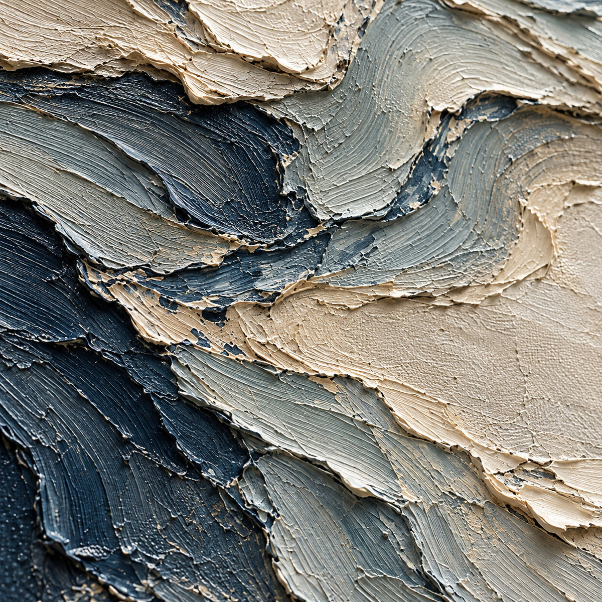 Oblique close-up of Pale-Undertow, showing ivory and blue-grey strokes, raised impasto ridges and fine surface grooves under grazing light.