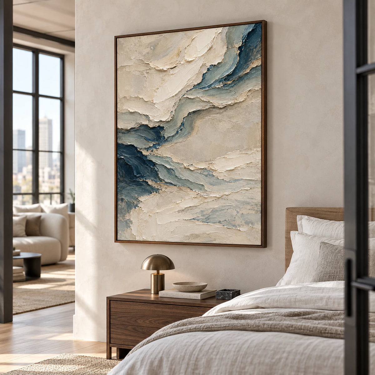 Pale-Undertow above a walnut bedside table, viewed slightly from below and to the right, with a light timber bed and white and grey bedding in morning light.