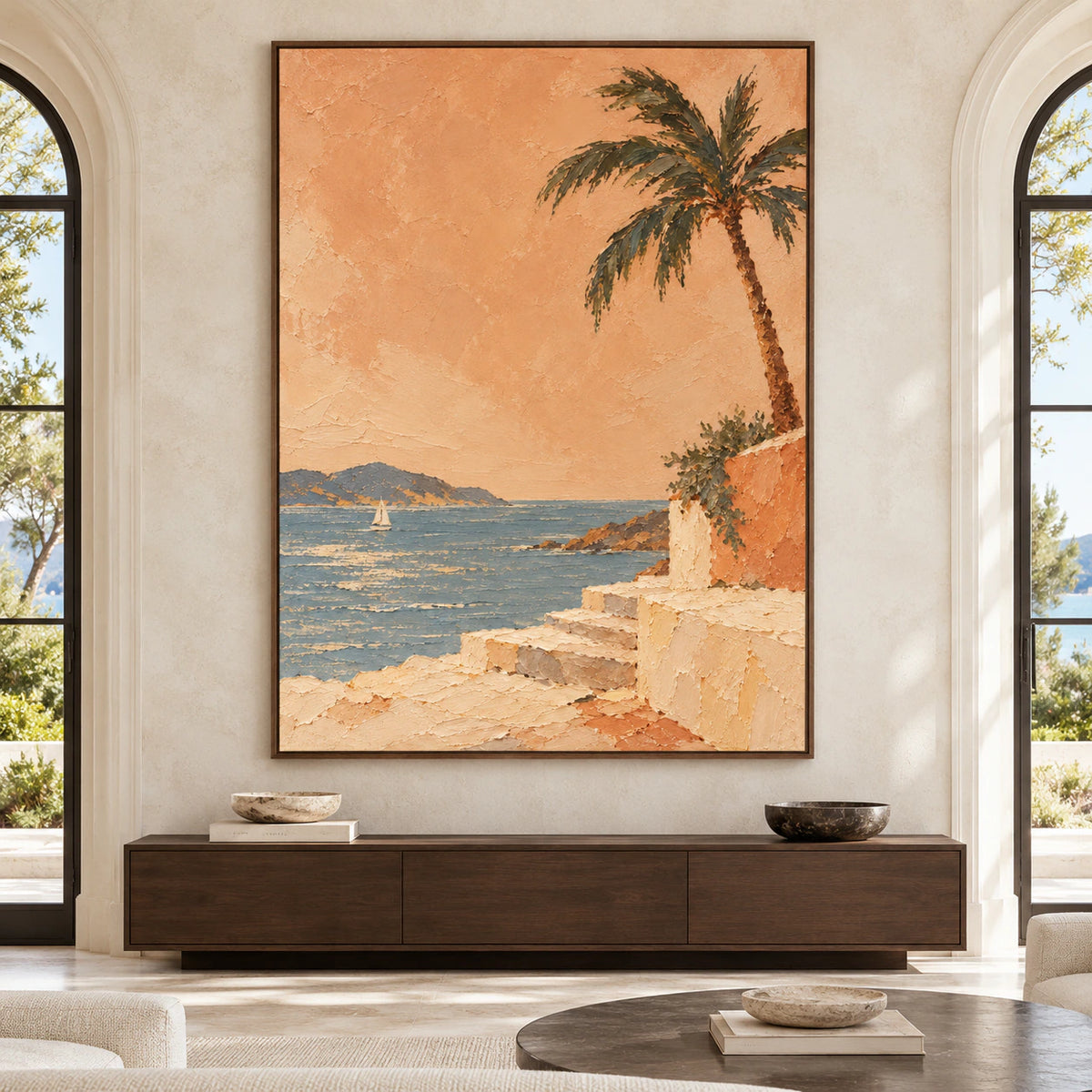 Large-scale straight-on view of Palmetto Passage above a low console in a bright, spacious room.