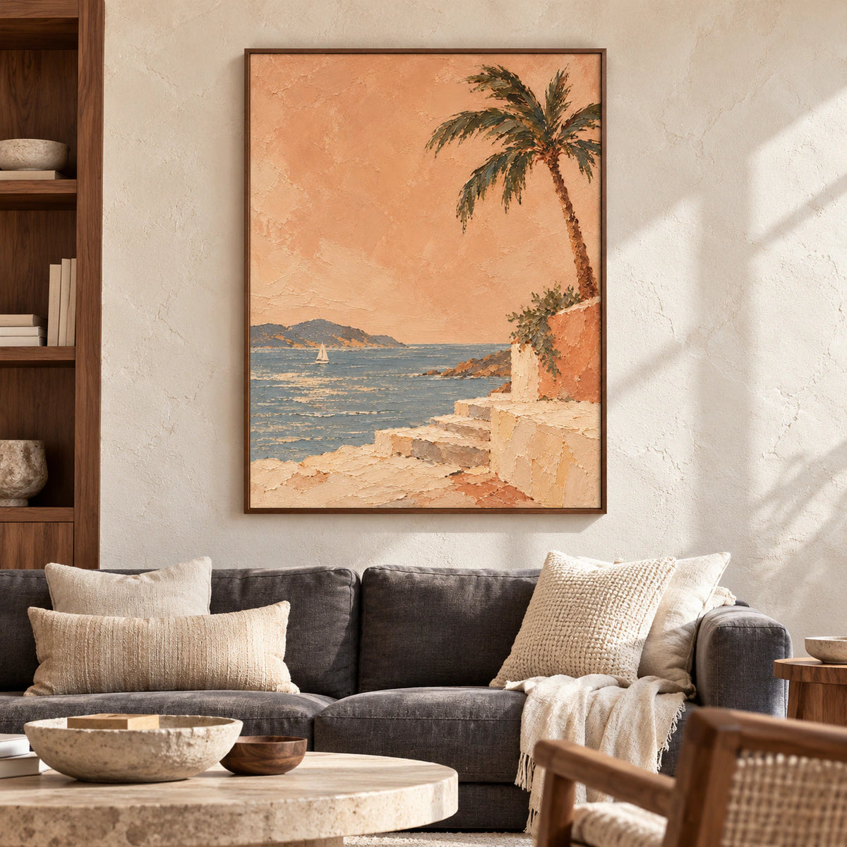 Palmetto Passage displayed prominently above a restrained charcoal sofa in a bright living room.