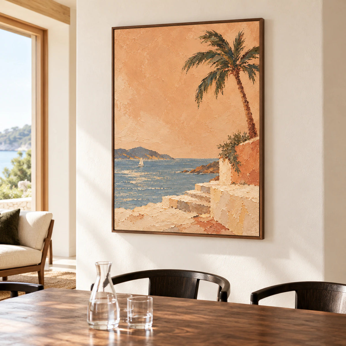 Palmetto Passage as the focal point on a pale plaster wall in a refined dining room with a dark wood table.