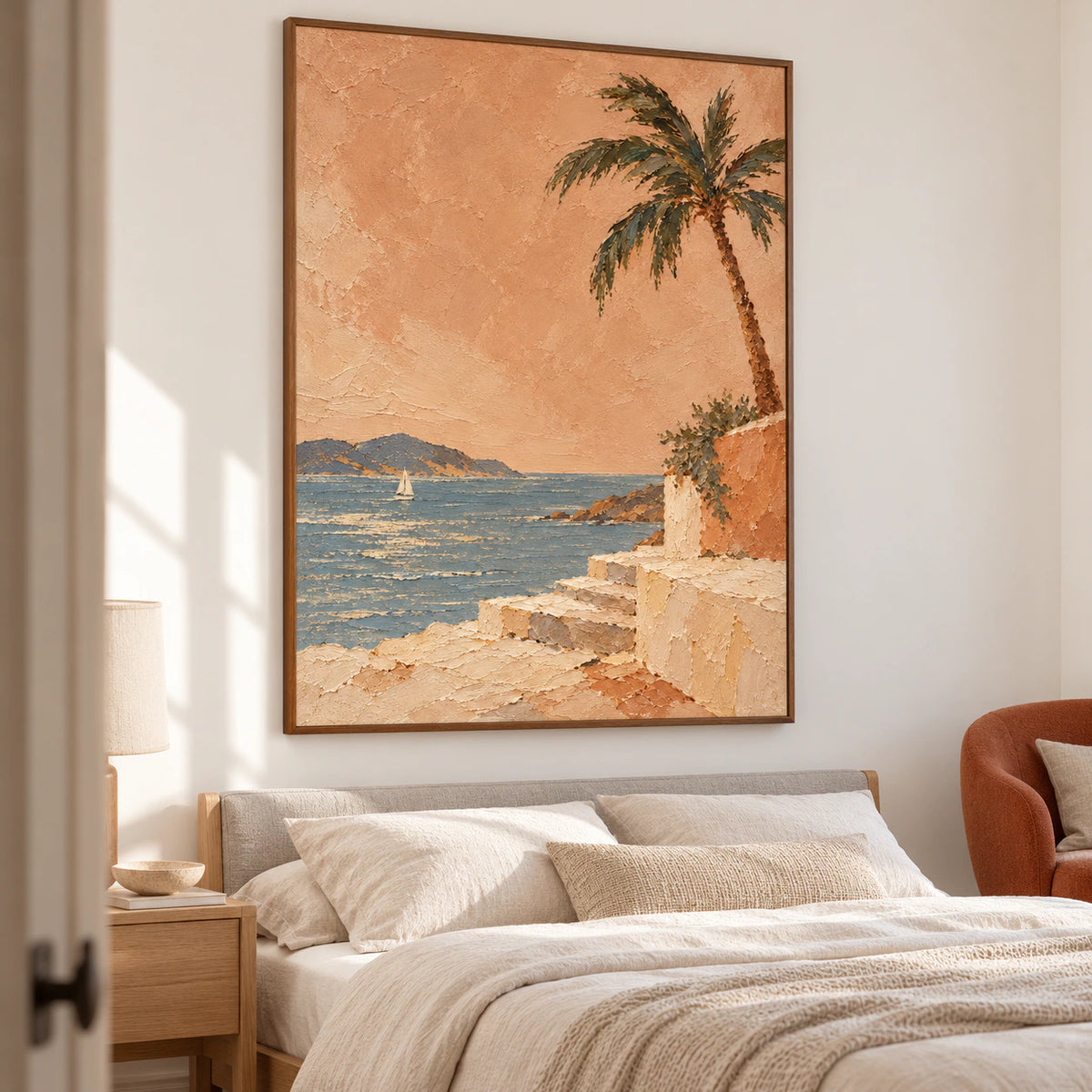 Palmetto Passage above a simple low bed in a quiet, sunlit bedroom with muted linen bedding.