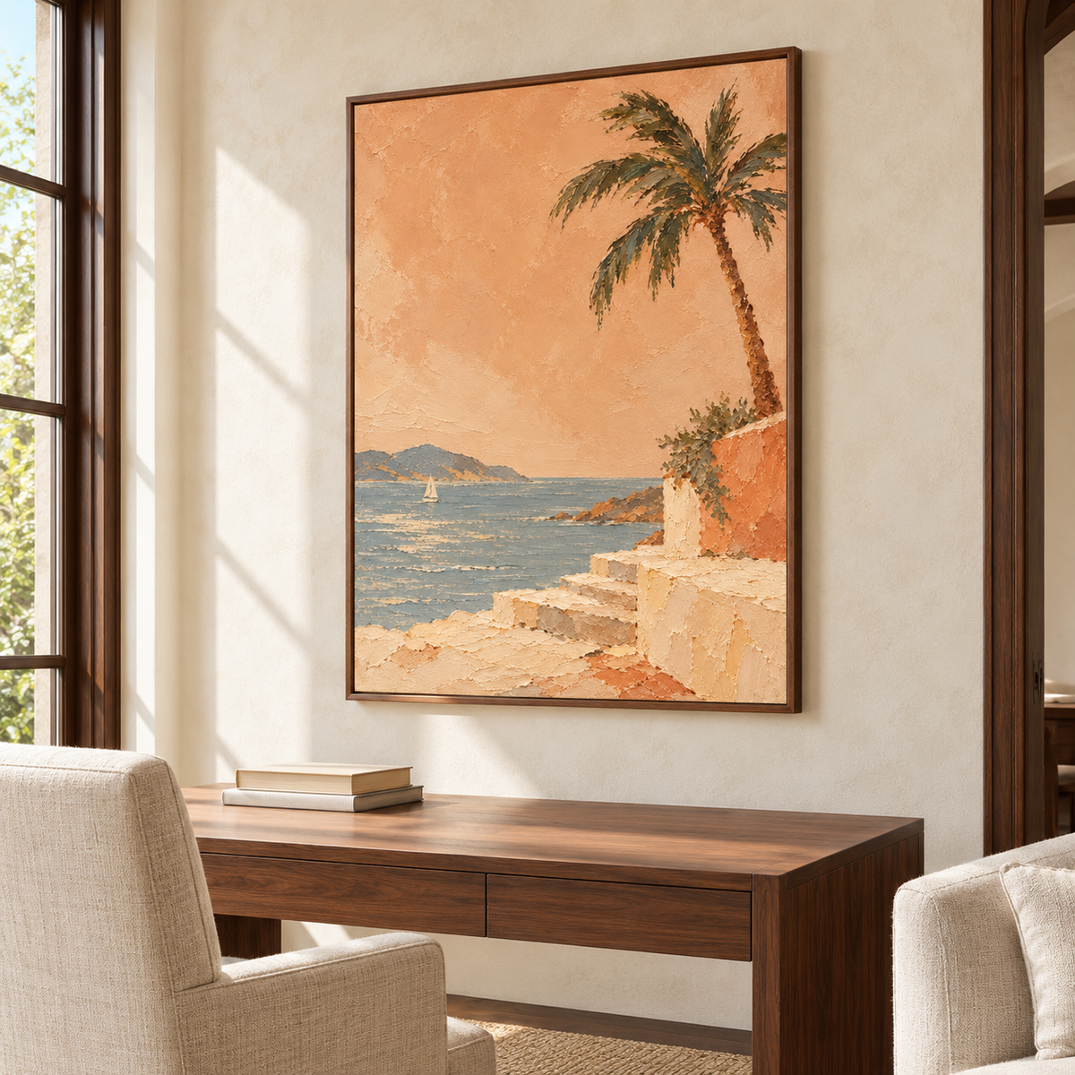Palmetto Passage prominent in an airy home office with a walnut desk and open daylight.