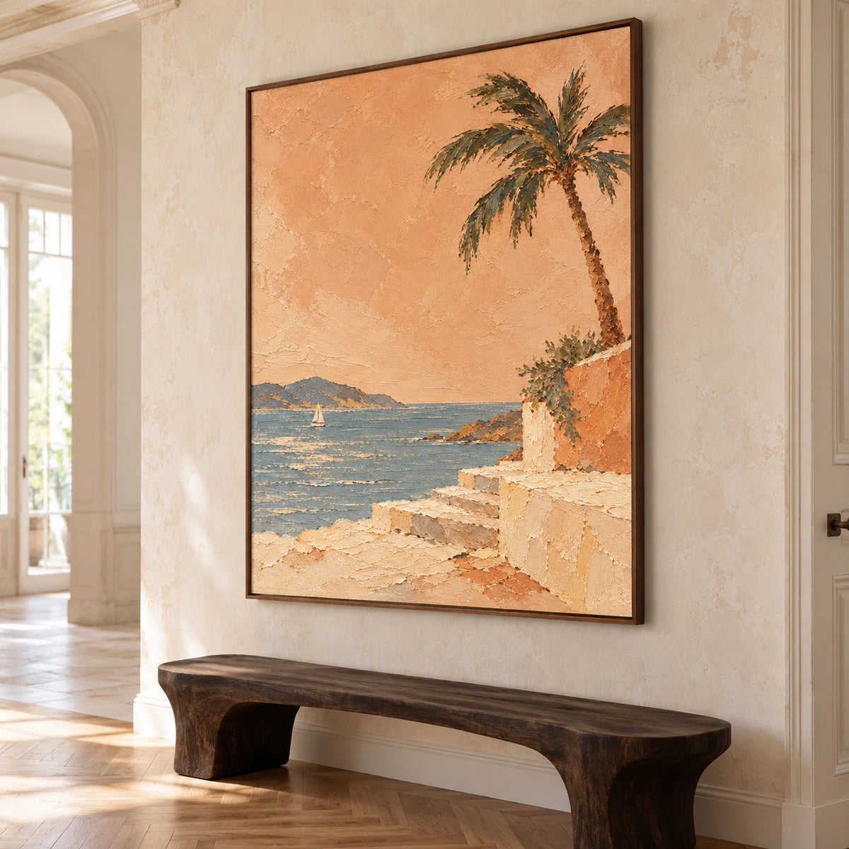 Palmetto Passage displayed at gallery scale in a bright foyer with a stone floor and sculptural bench.