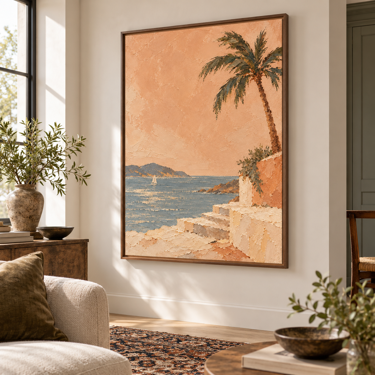 Palmetto Passage commanding a generous wall in a sunlit loft hospitality space with restrained furnishings.