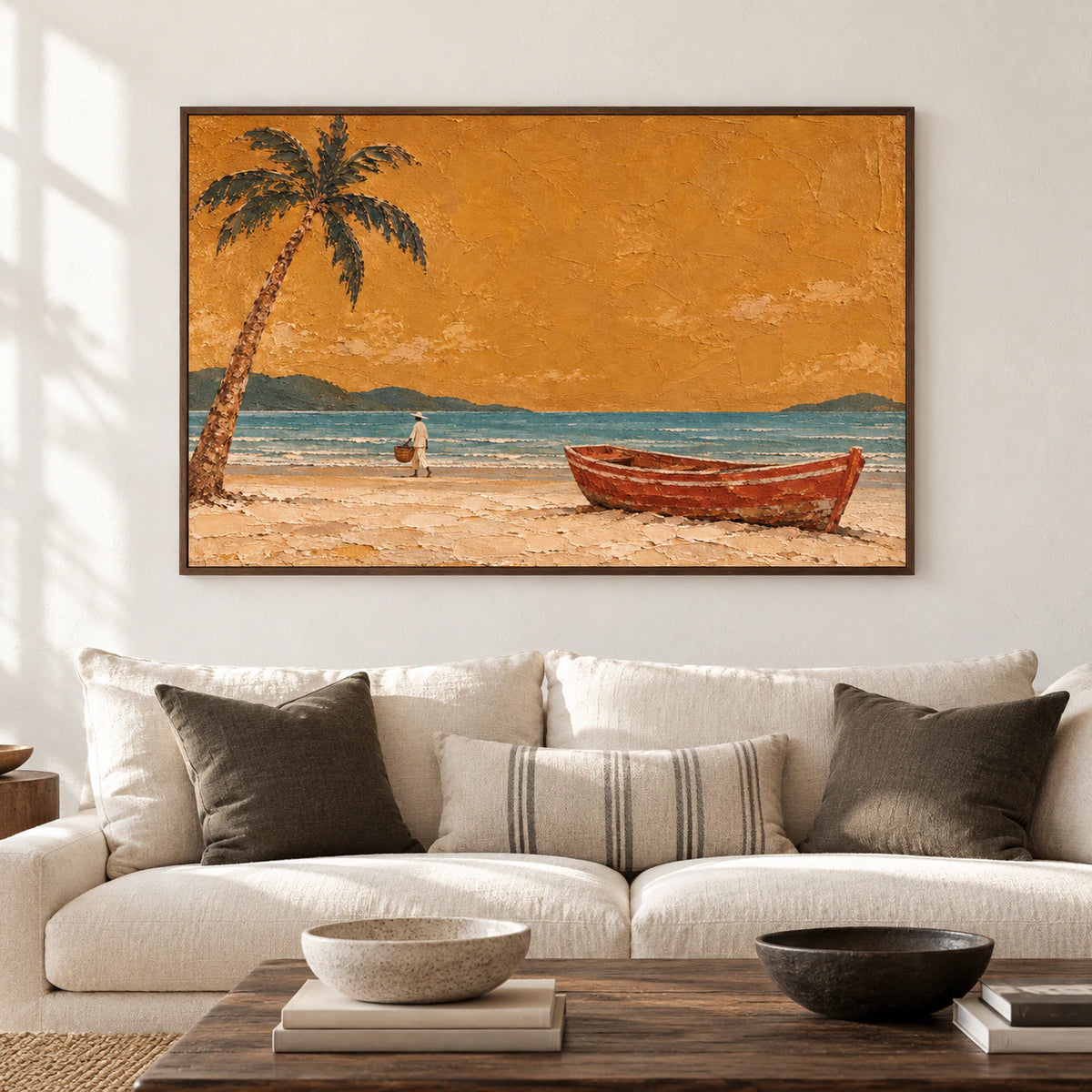 Large horizontal painting of a shore with a solitary leaning palm, shown straight-on in a spacious room with restrained furnishings and bright natural daylight.
