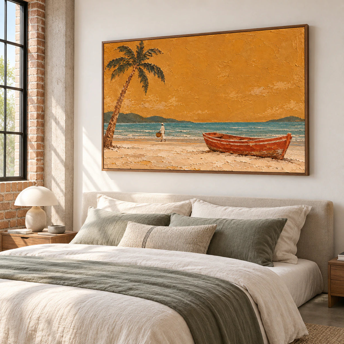 Coastal painting above a low bed with ivory linen and gray-green accents against a cool pale wall, viewed from the left in a bright bedroom.