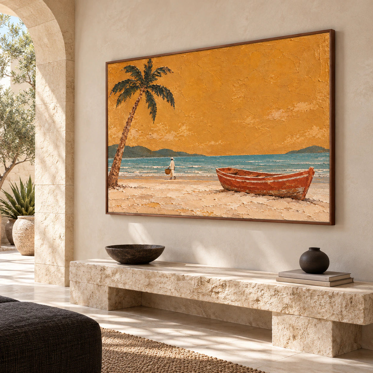 Large coastal painting on a tall pale wall in a daylight-filled foyer with a stone bench and dark accents, viewed from a slightly low left angle.