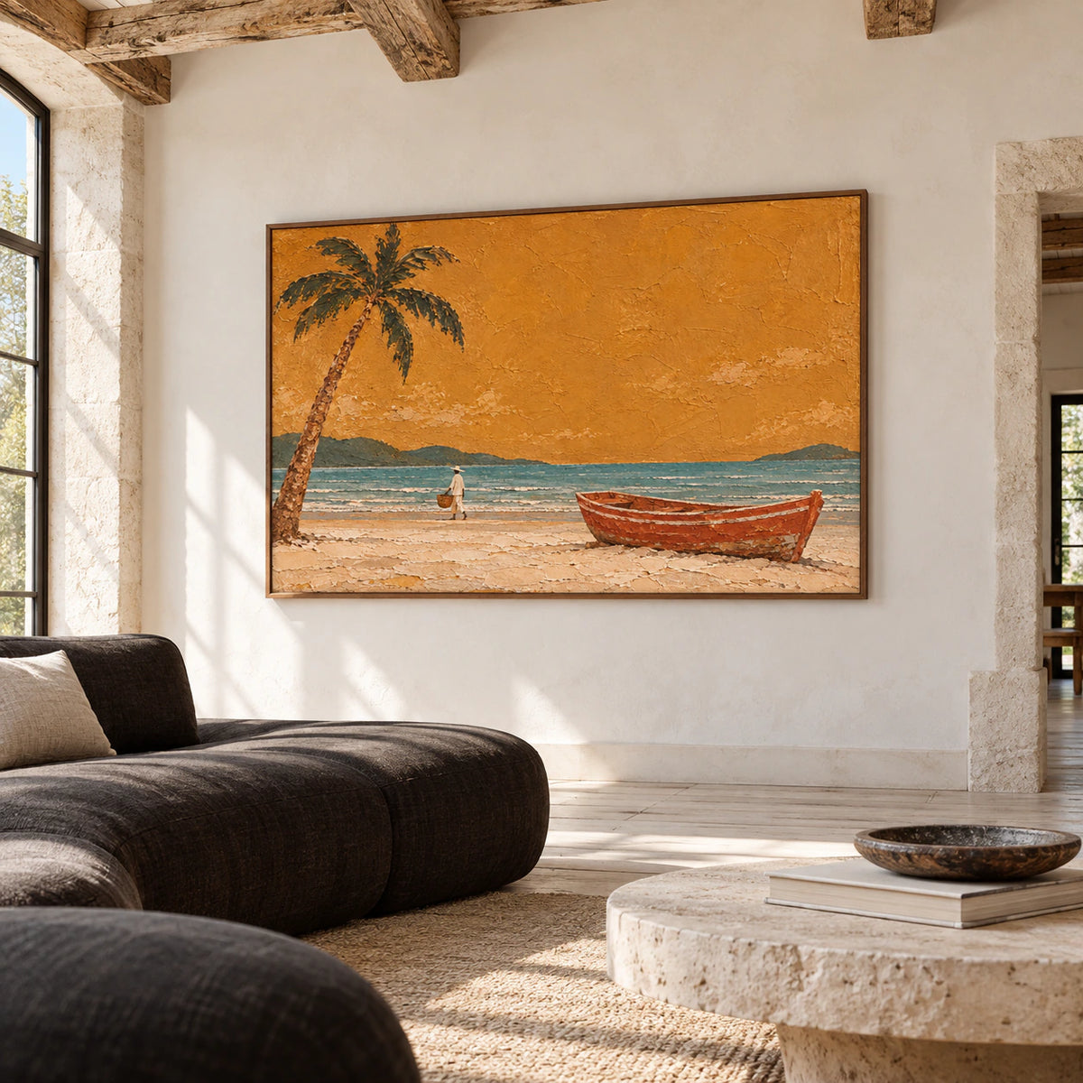 Large coastal painting on a broad light wall in an expansive loft interior with pale stone and dark sculptural furniture, viewed from the right in bright daylight.