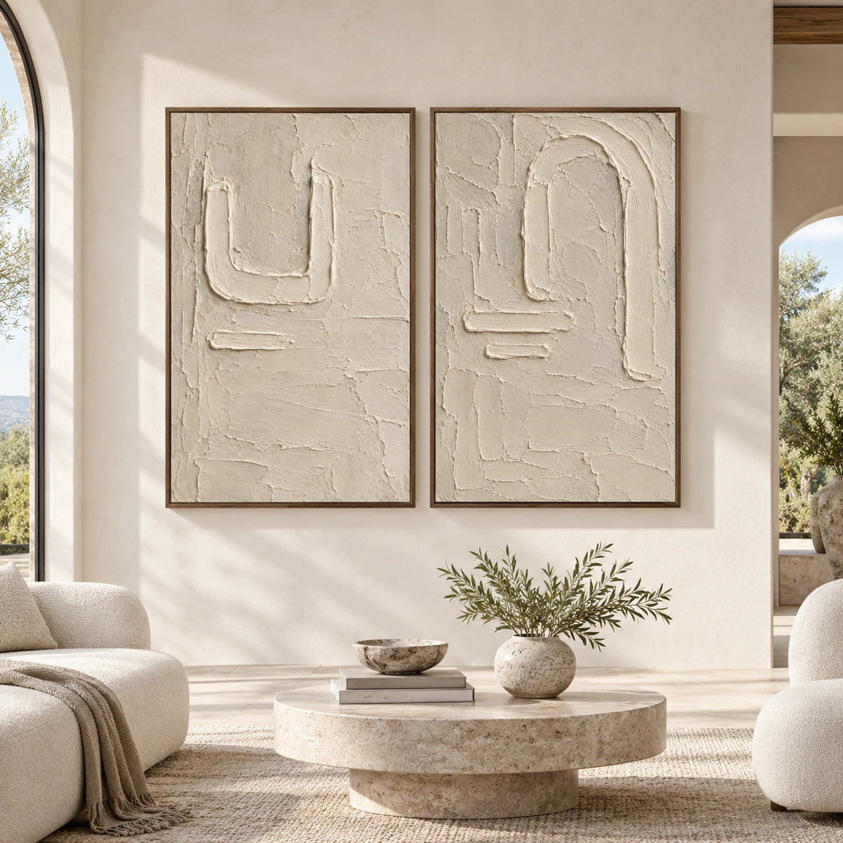 Large straight-on view of the Parchment-Arcade two-canvas textured diptych in a spacious architectural interior.