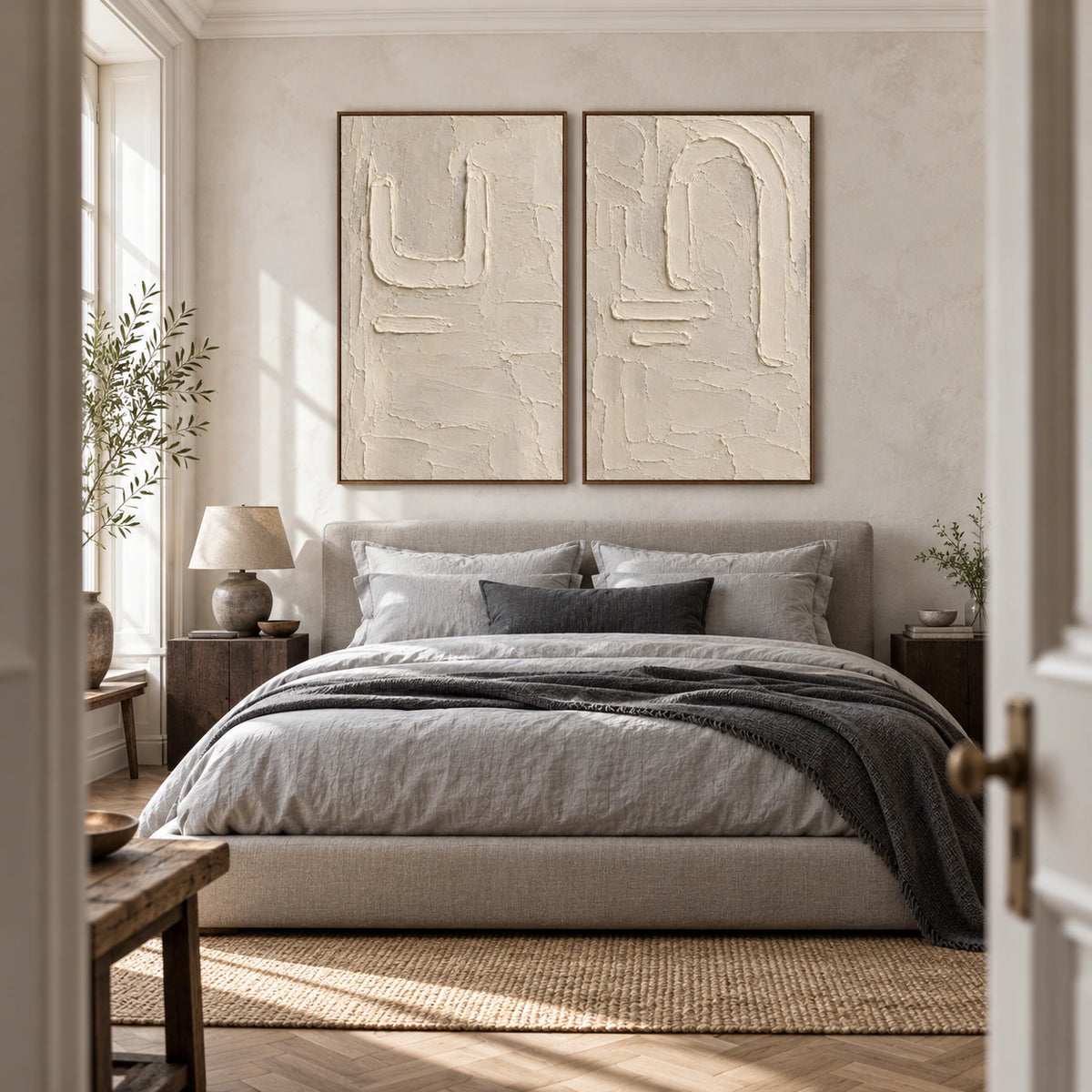 Parchment-Arcade textured diptych in a quiet, light-filled bedroom.