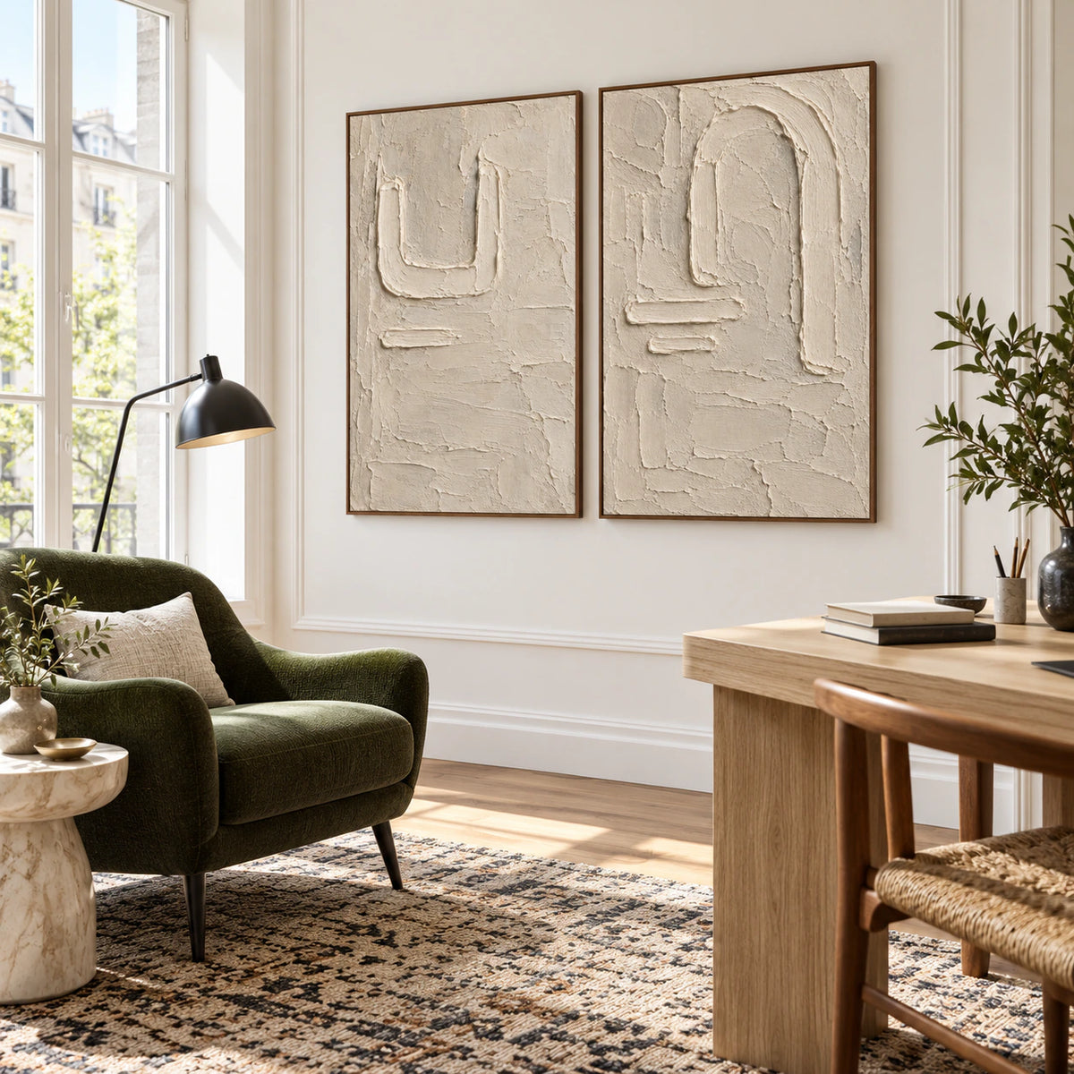 Parchment-Arcade pair in an airy home office reading space.