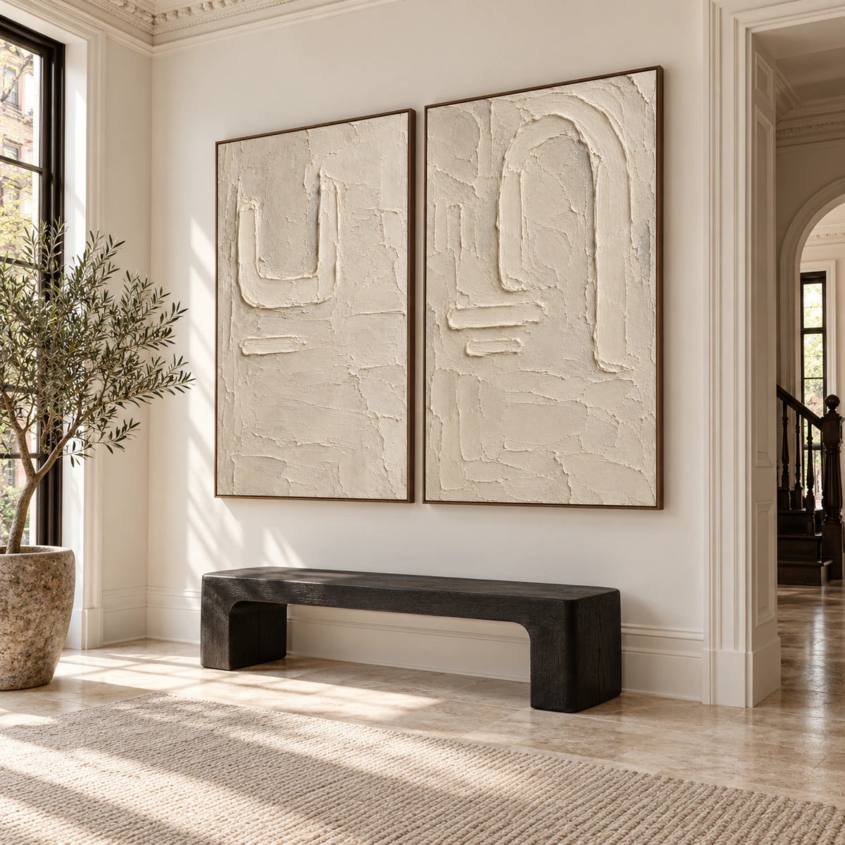 Parchment-Arcade diptych at gallery scale in an open foyer.