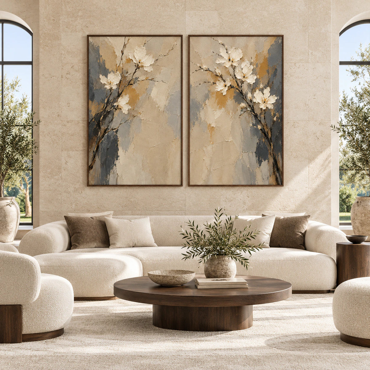 Large straight-on gallery view of the Parchment-Branch floral diptych in slim walnut frames.