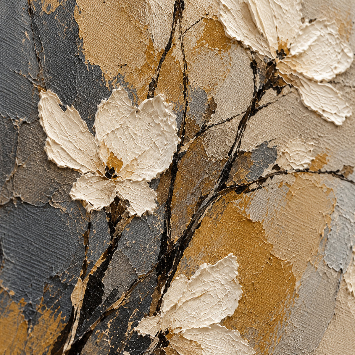 Parchment-Branch oil painting brushwork and impasto detail photographed from an oblique side angle